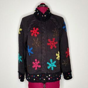 VTG Susan Bristol Hand Embroidered Snowflakes Cardigan Ugly Christmas Sweater M